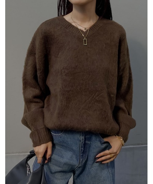 セール】[新色追加]モヘアライクVネックニットトップス（ニット