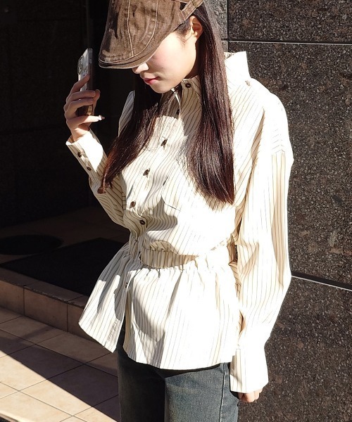 madrepadre(マドレパドレ)の「ストライプシャーリングシャツワンピース(シャツワンピース・レディース・イエロー・MEDIUM/LARGE)」の2枚目の写真