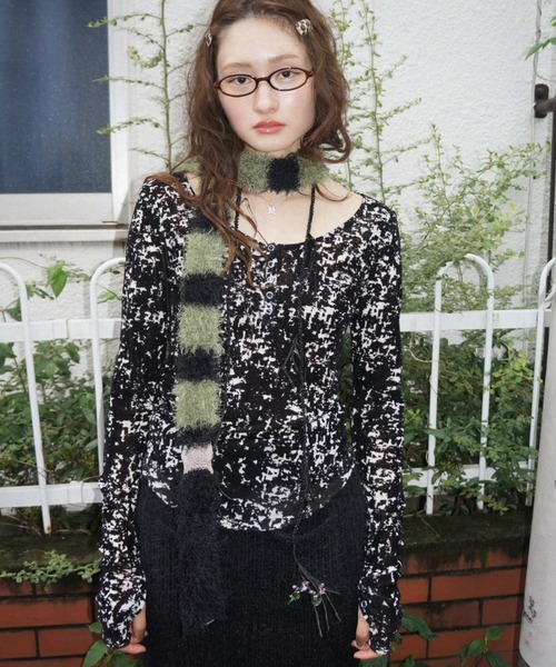 musubore(ムスボレ)の「sheer velours henry tops / ヘンリートップス(Tシャツ/カットソー・レディース・ベビーピンク/アイボリー/グレー/その他/ホワイト×ブラック・FREE)」の1枚目の写真