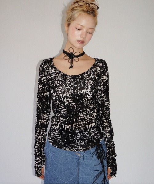 musubore(ムスボレ)の「sheer velours henry tops / ヘンリートップス(Tシャツ/カットソー・レディース・ベビーピンク/アイボリー/グレー/その他/ホワイト×ブラック・FREE)」の15枚目の写真