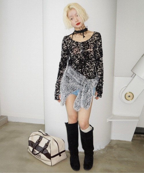 musubore(ムスボレ)の「sheer velours henry tops / ヘンリートップス(Tシャツ/カットソー・レディース・ベビーピンク/アイボリー/グレー/その他/ホワイト×ブラック・FREE)」の18枚目の写真