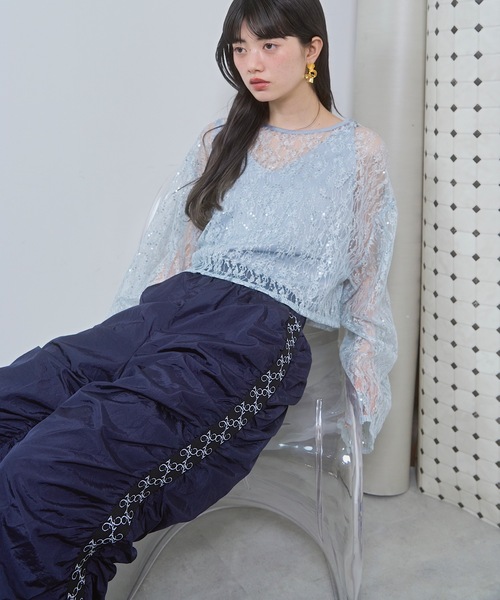 VIOLETTA（ヴィオレッタ）の「モノグラムロゴラインギャザーナイロンパンツ（その他パンツ・レディース・ネイビー/ピンク・S/M）」の9枚目の写真