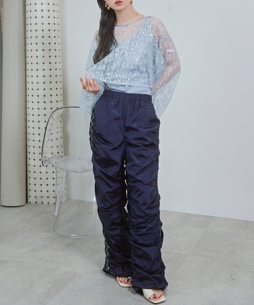 黒いギャザー入りナイロンパンツ パンツ サイドギャザーナイロンパンツ レディース : ZOZOTOWN