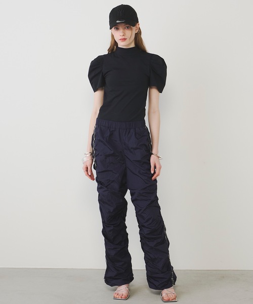 黒いギャザー入りナイロンパンツ パンツ サイドギャザーナイロンパンツ レディース : ZOZOTOWN