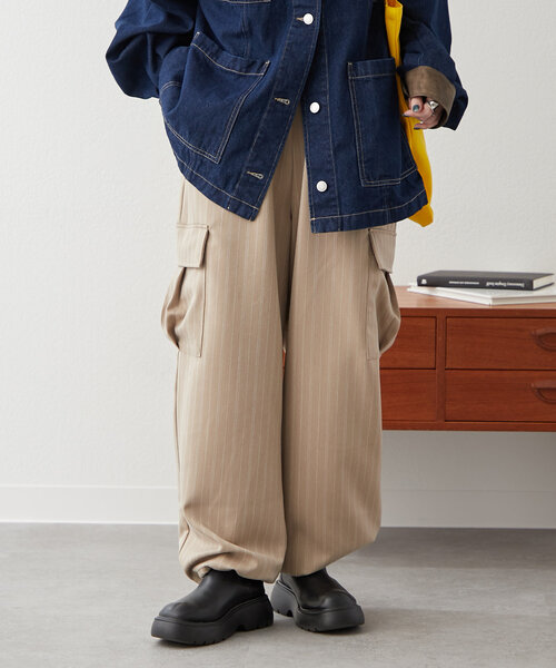 NUNIFE（ユニフィー）の「【NUNIFE】柔らかい素材感で履き心地◎ストライプカーゴパンツ（カーゴパンツ・レディース・ベージュ/ブラック/カーキ・FREE）」の3枚目の写真