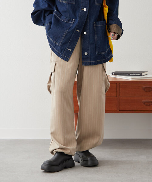 NUNIFE（ユニフィー）の「【NUNIFE】柔らかい素材感で履き心地◎ストライプカーゴパンツ（カーゴパンツ・レディース・ベージュ/ブラック/カーキ・FREE）」の9枚目の写真