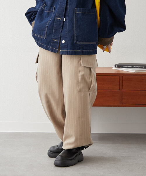 NUNIFE（ユニフィー）の「【NUNIFE】柔らかい素材感で履き心地◎ストライプカーゴパンツ（カーゴパンツ・レディース・ベージュ/ブラック/カーキ・FREE）」の8枚目の写真