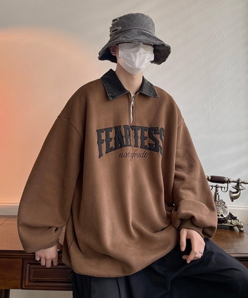 NOWLE（ノウル）の「【NOWLE】カレッジロゴ ハーフジップ ポロネック スウェット（スウェット・メンズ・ブラウン/ブラック/グレー・MEDIUM/LARGE/X-LARGE）」の14枚目の写真