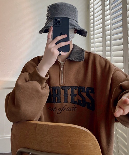 NOWLE（ノウル）の「【NOWLE】カレッジロゴ ハーフジップ ポロネック スウェット（スウェット・メンズ・ブラウン/ブラック/グレー・MEDIUM/LARGE/X-LARGE）」の12枚目の写真