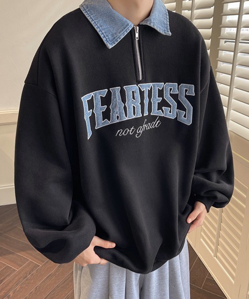 NOWLE（ノウル）の「【NOWLE】カレッジロゴ ハーフジップ ポロネック スウェット（スウェット・メンズ・ブラウン/ブラック/グレー・MEDIUM/LARGE/X-LARGE）」の4枚目の写真