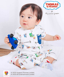 【きかんしゃトーマス×つむぱぱ×SLAPSLIP】【お揃い】THOMAS＆FRIENDS総柄半袖ロンパースベビー(60~80cm)