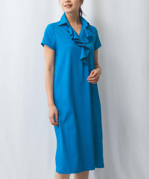 極美品♡ 【ストレッチシフォン】マスタード×ネイビー フリルワンピース サイズ7 SONO NAVY】－Dot Jacquard－ラッフルフリルレディワンピース