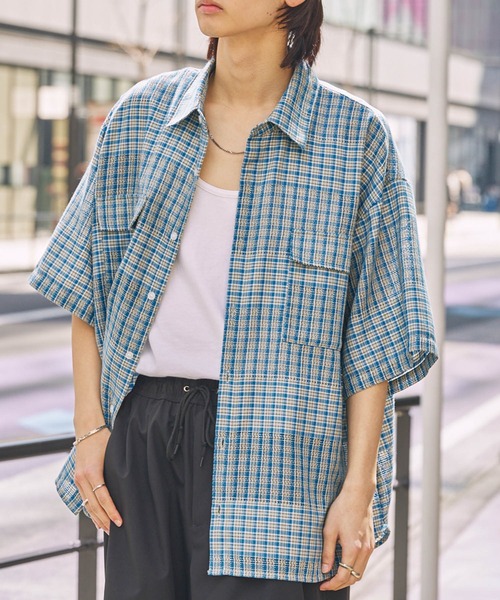 MONO-MART（モノマート）の「配色メッシュ レギュラーカラーチェック半袖シャツ（シャツ/ブラウス・レディース・ブラック/ネイビー/ベージュ/ブルー/グレー・M/L）」の8枚目の写真