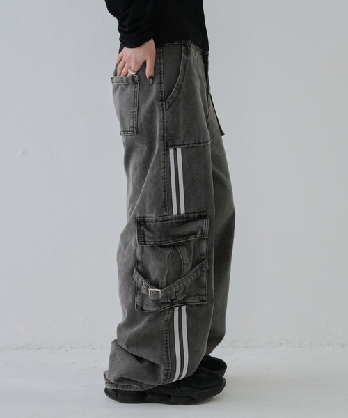 グレー デニム カーゴパンツ 複数ポケット Wide カーゴデニム ケミカル Side立体ポケット カーゴパンツ