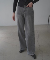 hem fringe design Full length curved denim pants / 裾フリンジデザインフルレングスカーブデニムパンツ