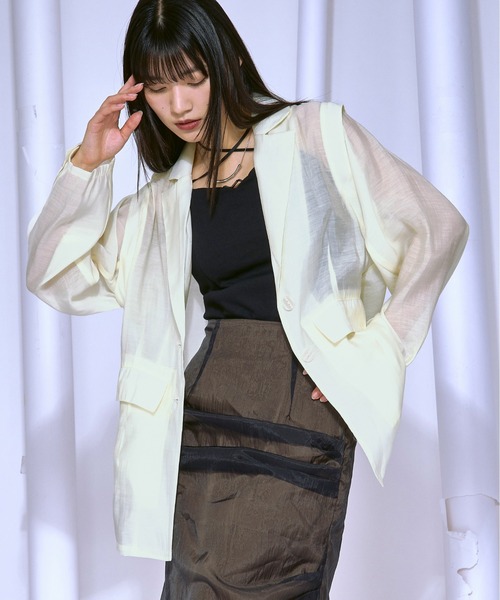 てらさま企画　2WAYシアーナイロンスタンドネックジャケット　ホワイト セール】Airy light ショルダータックシアージャケット