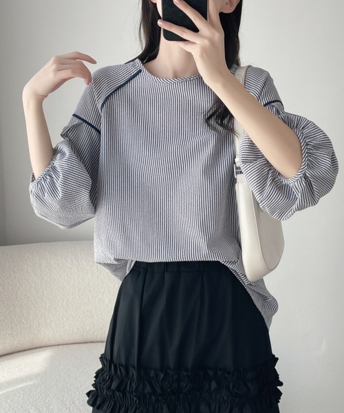 ABITOKYO(アビトーキョー)の「配色パイピングストライプブラウス(シャツ/ブラウス・レディース・ホワイト/ブラック/ブルー・M/L/XL)」の2枚目の写真
