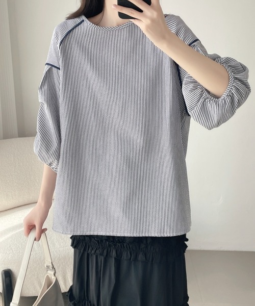 ABITOKYO(アビトーキョー)の「配色パイピングストライプブラウス(シャツ/ブラウス・レディース・ホワイト/ブラック/ブルー・M/L/XL)」の11枚目の写真