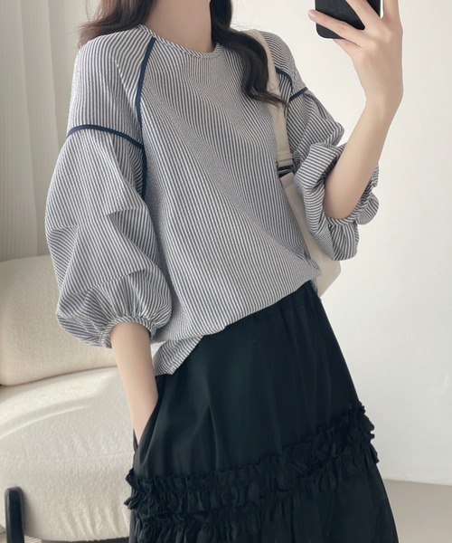 ABITOKYO(アビトーキョー)の「配色パイピングストライプブラウス(シャツ/ブラウス・レディース・ホワイト/ブラック/ブルー・M/L/XL)」の5枚目の写真