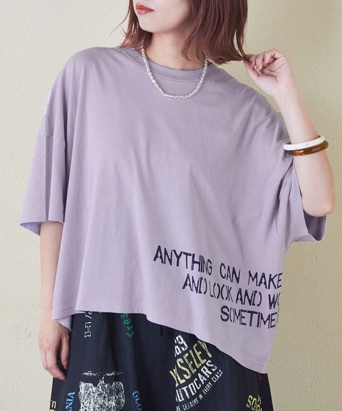 CUBE SUGAR(キューブシュガー)の「32/-OE天竺裾プリントTシャツ(Tシャツ/カットソー・レディース・ラベンダー/ピンク/ホワイト/マルチ/スミクロ・M)」の3枚目の写真