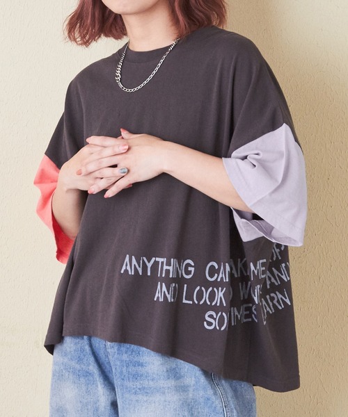 CUBE SUGAR(キューブシュガー)の「32/-OE天竺裾プリントTシャツ(Tシャツ/カットソー・レディース・ラベンダー/ピンク/ホワイト/マルチ/スミクロ・M)」の5枚目の写真