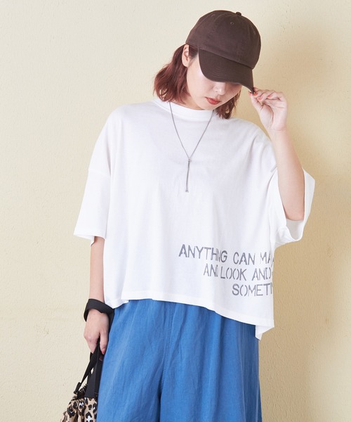 CUBE SUGAR(キューブシュガー)の「32/-OE天竺裾プリントTシャツ(Tシャツ/カットソー・レディース・ラベンダー/ピンク/ホワイト/マルチ/スミクロ・M)」の11枚目の写真