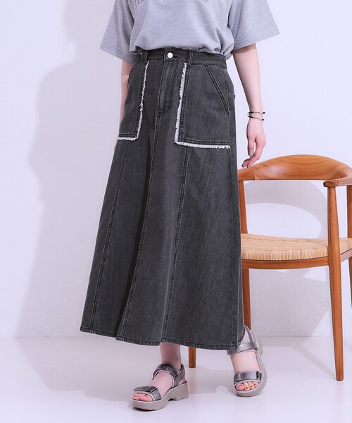 S-LL】フリンジポケットがアクセント デニムフレアスカート（スカート