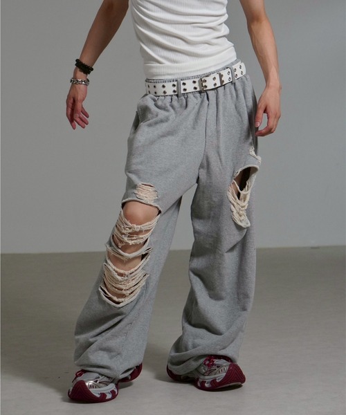 Chikashitsu +（チカシツプラス）の「【Chikashitsu +】full length crash sweat pants / 【チカシツプラス】フルレングスクラッシュスウェットパンツ <着用動画あり>（スウェットパンツ・メンズ・ブラック/グレー・ONE SIZE）」の2枚目の写真