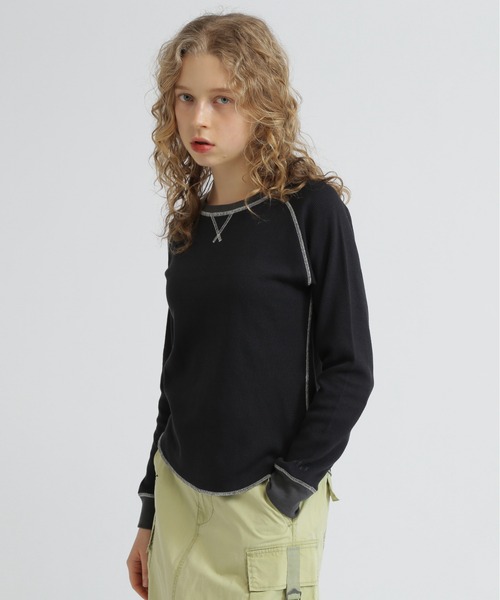 AVIREX（アヴィレックス）の「BICOLOR HONEYCOMBI WAFFLE T-SHIRT/バイカラーハニカムワッフルTシャツ（Tシャツ/カットソー・レディース・チャコールグレー/ナチュラル/ピンク・S/M）」の14枚目の写真