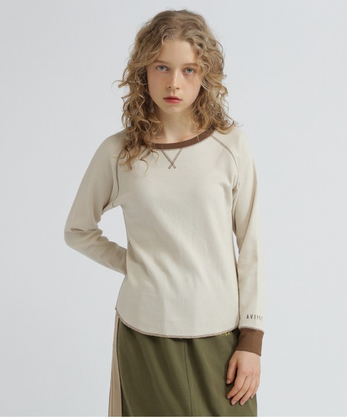 AVIREX（アヴィレックス）の「BICOLOR HONEYCOMBI WAFFLE T-SHIRT/バイカラーハニカムワッフルTシャツ（Tシャツ/カットソー・レディース・チャコールグレー/ナチュラル/ピンク・S/M）」の4枚目の写真