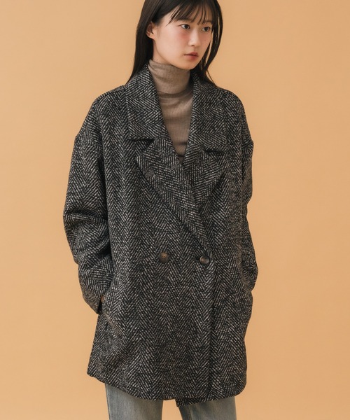 タグ付未使用◆ノーブル◆ウールモヘヤポプリンジャケット テーラードジャケット ヘリンボーンダブルテーラーJK / ブラック ブラウン 韓国 シンプル