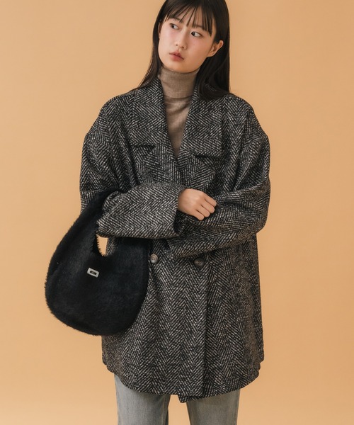 タグ付未使用◆ノーブル◆ウールモヘヤポプリンジャケット テーラードジャケット ヘリンボーンダブルテーラーJK / ブラック ブラウン 韓国 シンプル