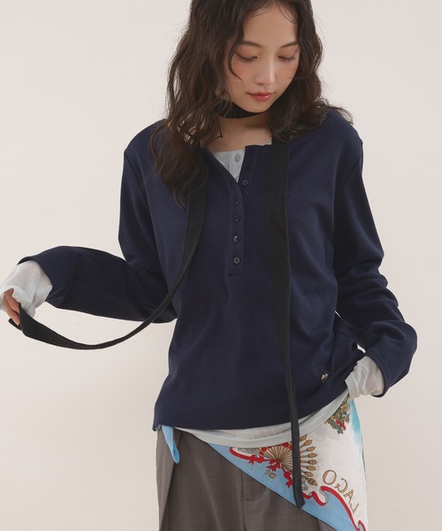 muhet ミュエータ　ヘンリーネックレイヤードロングTシャツ henley neck layered long sleeve t-shirt / ヘンリーネックレイヤード