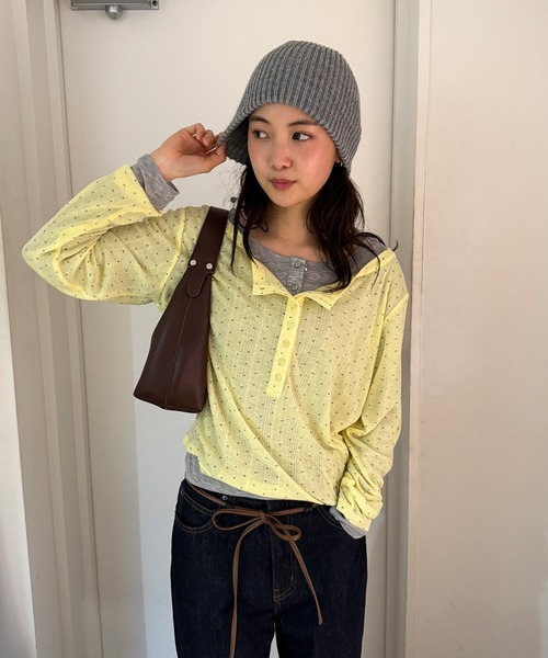 MUHET（ミュエータ）の「henley neck layered  long sleeve t-shirt / ヘンリーネックレイヤードロングTシャツ（Tシャツ/カットソー・レディース・杢グレー/ブラック/アイボリー/レッド/ブラウン/ネイビー/チャコールグレー/ライトブルー/ネイビー系/イエロー/ピンク・FREE）」の22枚目の写真