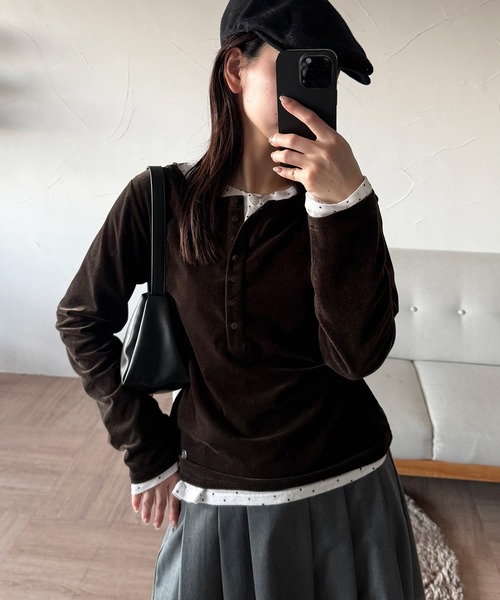 MUHET(ミュエータ)の「henley neck layered long sleeve t-shirt / ヘンリーネックレイヤードロングTシャツ(Tシャツ/カットソー・レディース・杢グレー/ブラック/アイボリー/レッド/ブラウン/ネイビー/チャコールグレー/ライトブルー/ネイビー系/イエロー/ピンク/イエロー系その他/カーキ・FREE)」の18枚目の写真