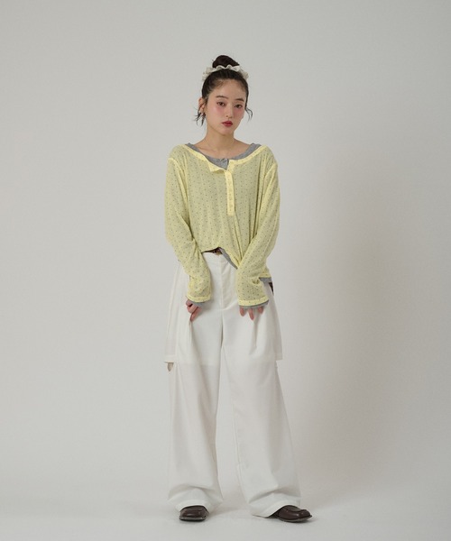 muhet ミュエータ　ヘンリーネックレイヤードロングTシャツ henley neck layered long sleeve t-shirt / ヘンリーネックレイヤード