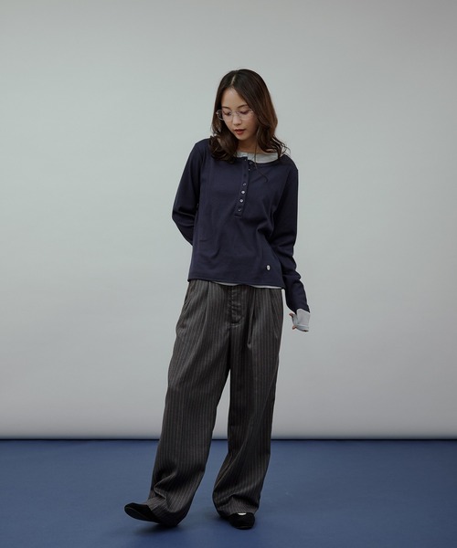 sheer henry neck layered long sleeve t-shirt / シアー
