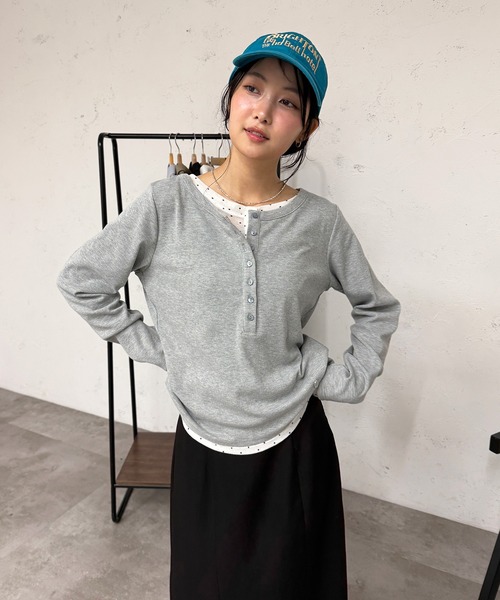 muhet ミュエータ　ヘンリーネックレイヤードロングTシャツ henley neck layered long sleeve t-shirt / ヘンリーネックレイヤード