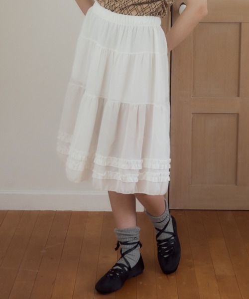 Birthday room（バースデイルーム）の「シアーティアードミディ丈スカート/Sheer tiered midi skirt（スカート・レディース・グレー/ブラック/ホワイト・FREE）」の14枚目の写真