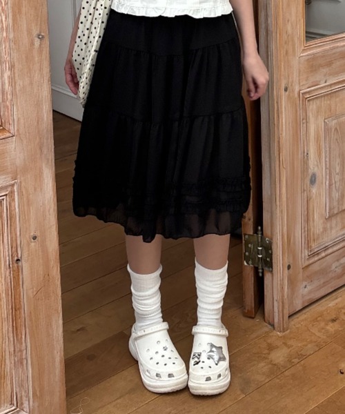 Birthday room（バースデイルーム）の「シアーティアードミディ丈スカート/Sheer tiered midi skirt（スカート・レディース・グレー/ブラック/ホワイト・FREE）」の8枚目の写真