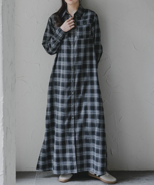 Apolline チェック柄刺繍ワンピース 長袖 シャツワンピース タータンチェック チュニック ワンピース 長袖 秋冬