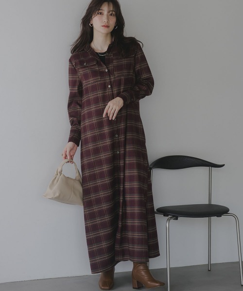 セール】高身長 チェック柄マキシ丈シャツワンピース（トールサイズ