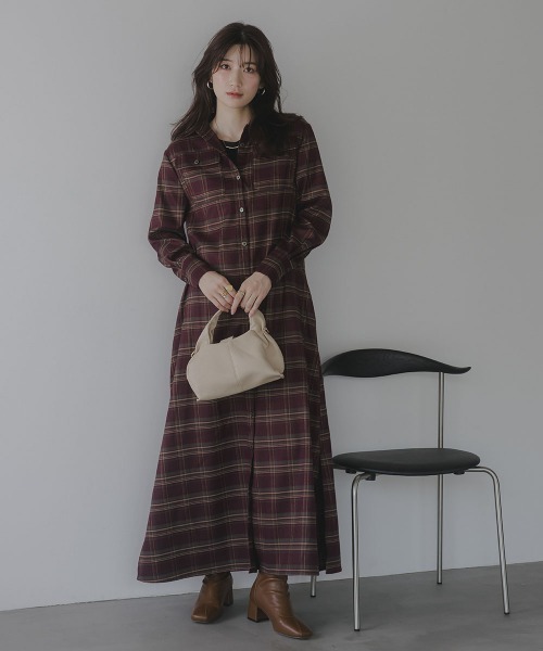高身長 チェック柄マキシ丈シャツワンピース（トールサイズ）Essenave