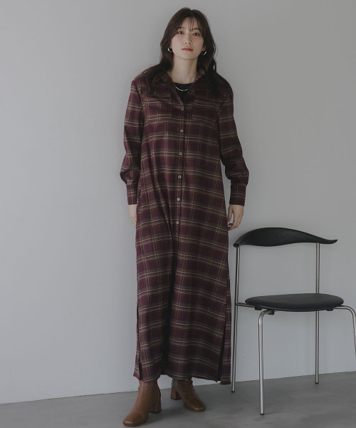 セール】高身長 チェック柄マキシ丈シャツワンピース（トールサイズ