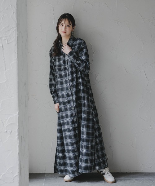 高身長 チェック柄マキシ丈シャツワンピース（トールサイズ）Essenave