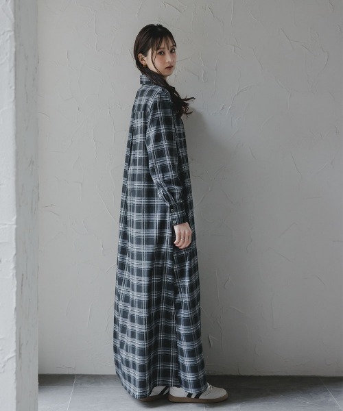 セール】高身長 チェック柄マキシ丈シャツワンピース（トールサイズ