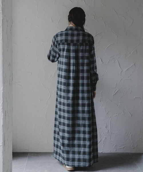 セール】高身長 チェック柄マキシ丈シャツワンピース（トールサイズ