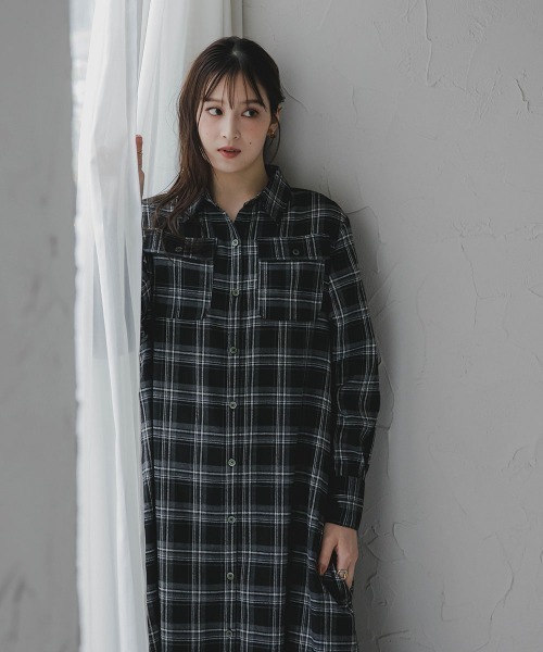 セール】高身長 チェック柄マキシ丈シャツワンピース（トールサイズ