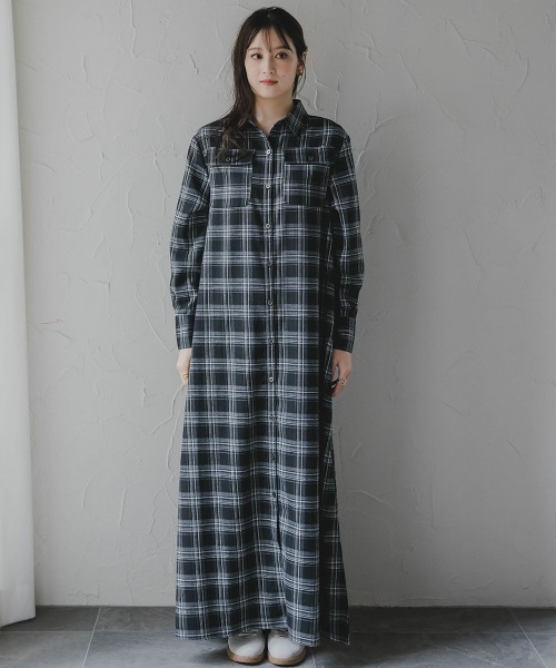 セール】高身長 チェック柄マキシ丈シャツワンピース（トールサイズ