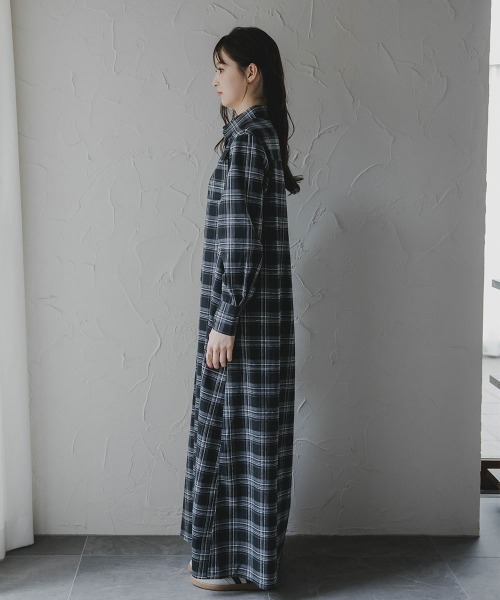 高身長 チェック柄マキシ丈シャツワンピース（トールサイズ）Essenave